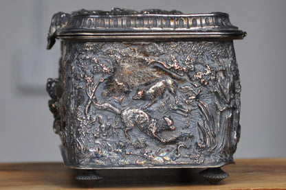 Antique Silverplated Boar Hunting Box - Trinket/Jewelry Box - Treasure Chest - Purple Mesh Inside