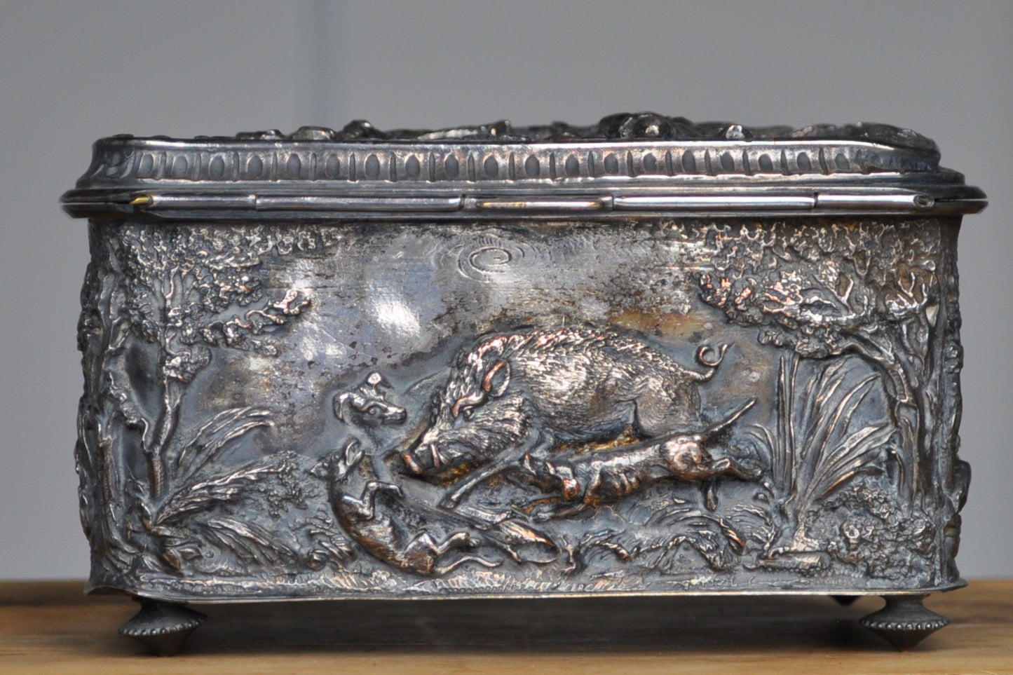 Antique Silverplated Boar Hunting Box - Trinket/Jewelry Box - Treasure Chest - Purple Mesh Inside