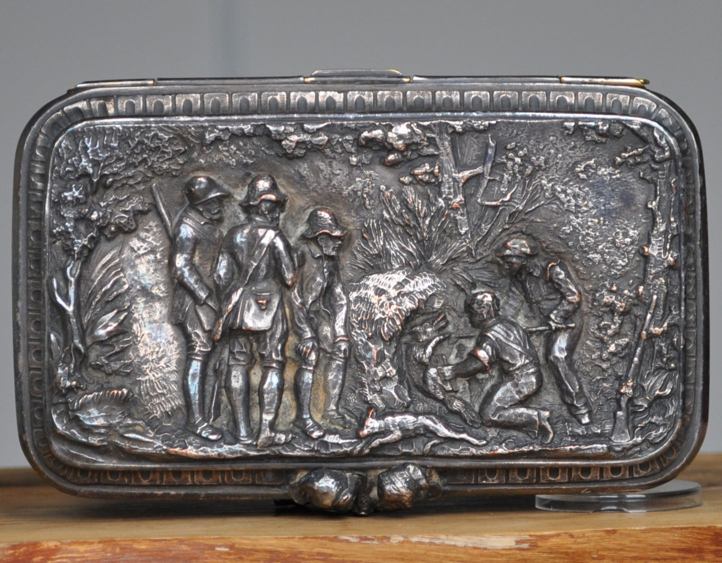 Antique Silverplated Boar Hunting Box - Trinket/Jewelry Box - Treasure Chest - Purple Mesh Inside