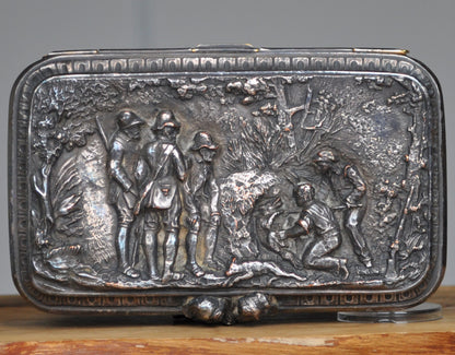 Antique Silverplated Boar Hunting Box - Trinket/Jewelry Box - Treasure Chest - Purple Mesh Inside