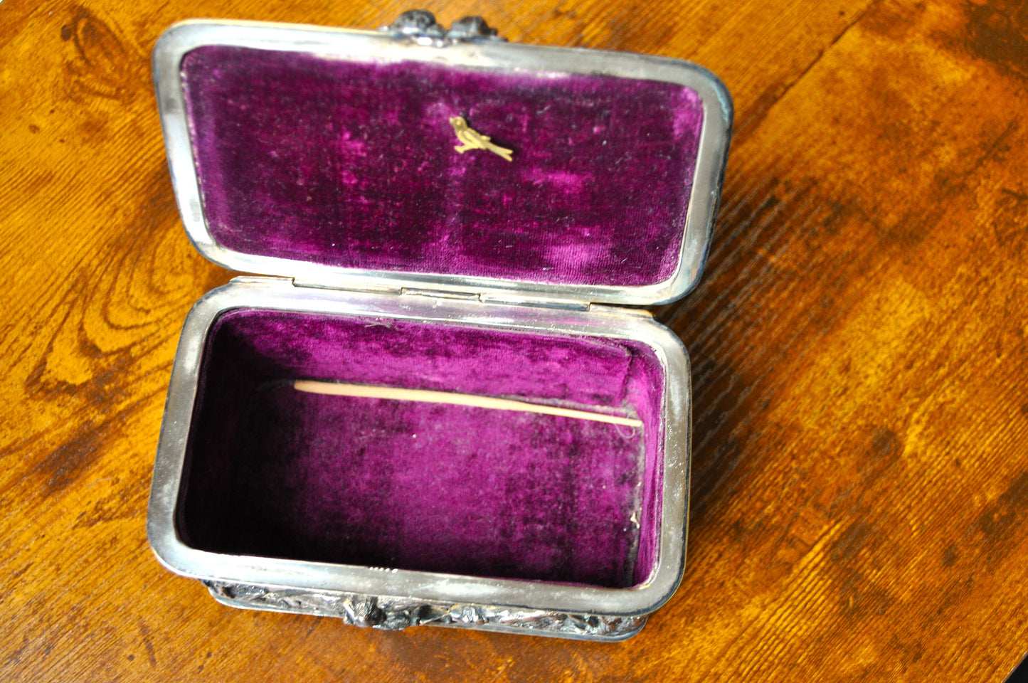 Antique Silverplated Boar Hunting Box - Trinket/Jewelry Box - Treasure Chest - Purple Mesh Inside