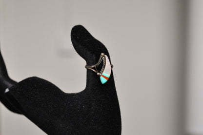 Beautiful Sterling Silver Native Southwest Turquoise & Coral Chip Inlay Ring - Size 5 - Stamped Sterling - Zuni Tribe Sterling Ring