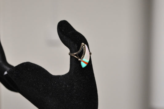 Beautiful Sterling Silver Native Southwest Turquoise & Coral Chip Inlay Ring - Size 5 - Stamped Sterling - Zuni Tribe Sterling Ring