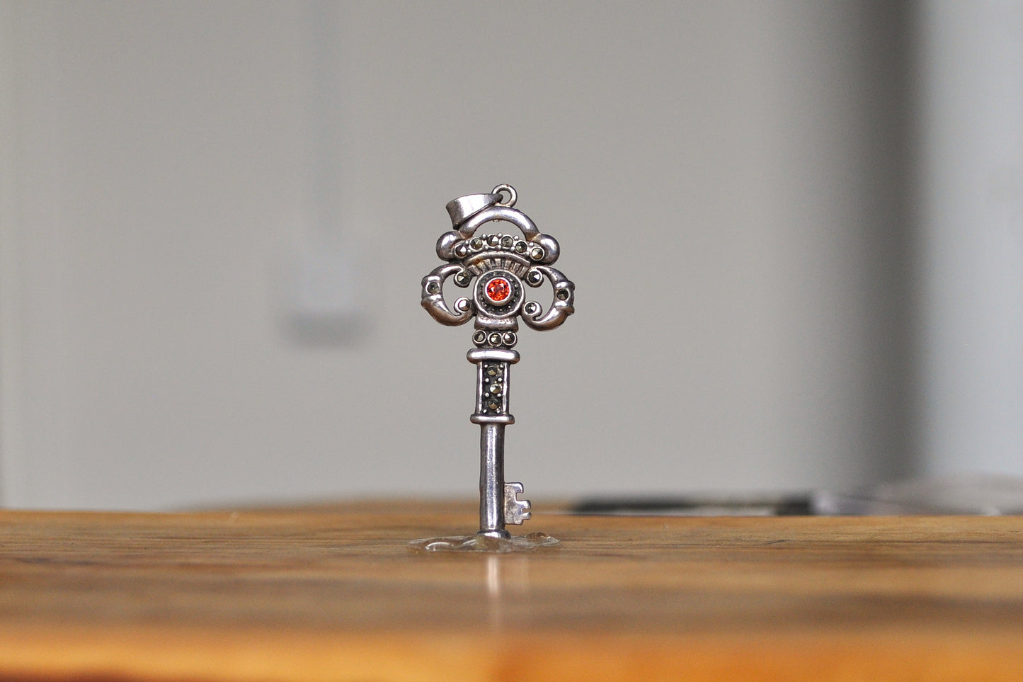 Antique Victorian Sterling Silver Ruby Center Skeleton Key Pendant - Stamped 925TW - Victorian Keys