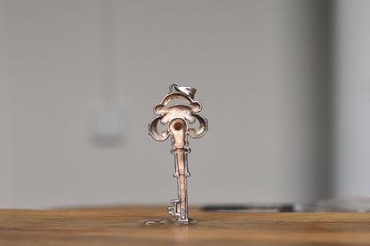 Antique Victorian Sterling Silver Ruby Center Skeleton Key Pendant - Stamped 925TW - Victorian Keys
