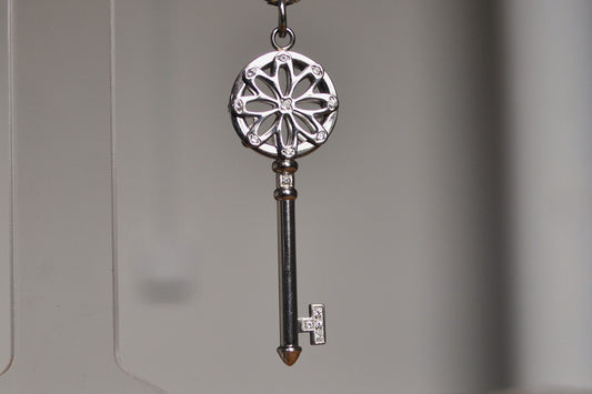 Scarce Stainless Steel Key to Success Pendant Necklace - 18 Inches - Studded Rhinestones