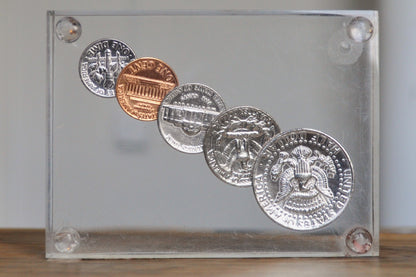 Awesome Coin Filled Lucite Paperweight - Arranged by Size - Kennedy Half Dollar to Roosevelt Dime - 0.75 Inches Thick