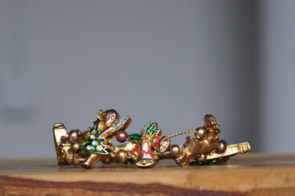 Festive Tofa Gold Tone Enamel Sliding Charm Christmas Bracelet - 8 Inches - Presents, Trees, Bells