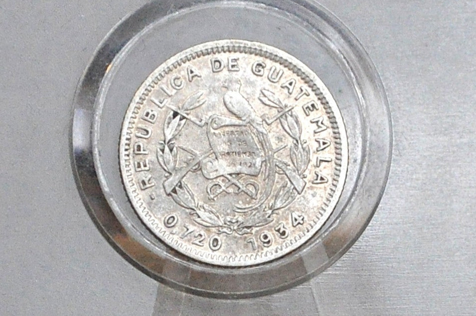 Rarer 1934 Silver Guatemala 5 Centavos - Great Condition - Republic of Guatemala Coin - Guatemala Quetzal -