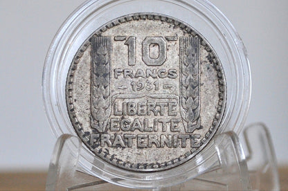 1931 Silver French 10 Franc Coin - VF/XF Condition - 1930s Silver Franc - Third Republic of France Silver Franc -