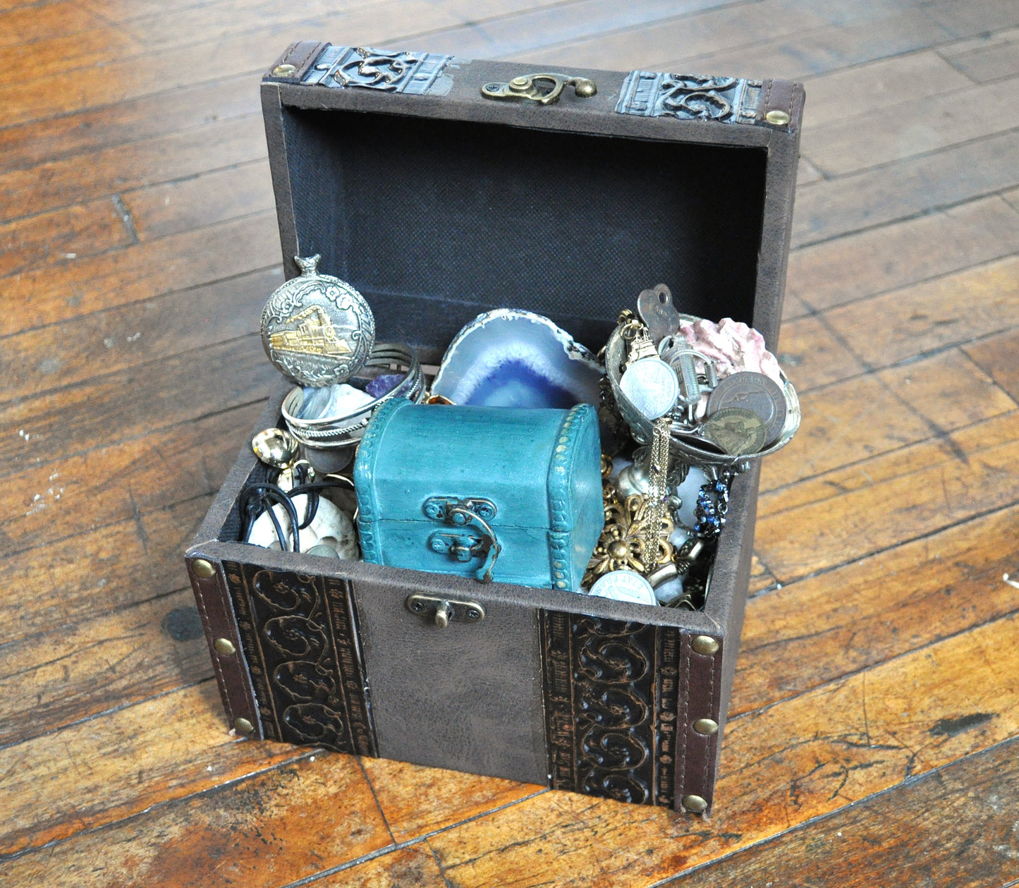 Treasure Chest - An Actual Treasure Chest Filled with Silver Jewelry, Old and Ancient Coins, Silver Coins, and other Treasures