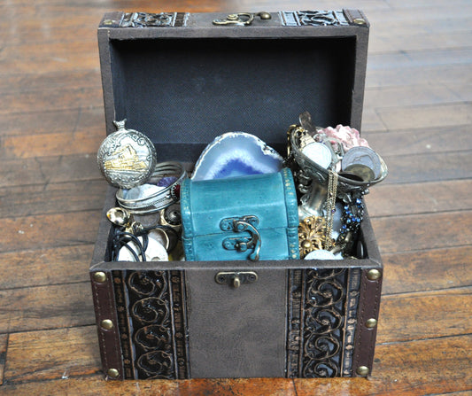 Treasure Chest - An Actual Treasure Chest Filled with Silver Jewelry, Old and Ancient Coins, Silver Coins, and other Treasures