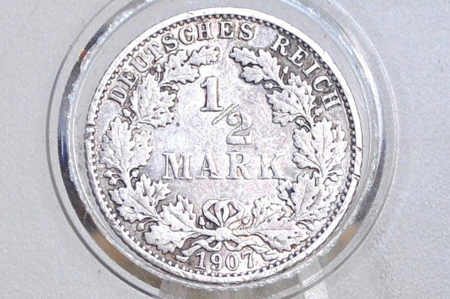 Rare Silver 1907 German 1/2 Mark, E Mint Mark - XF+ - German Empire Silver One Half Mark 1907, Rare Mint Mark - Beautiful Condition -