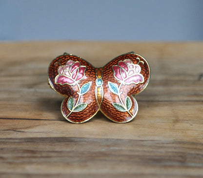 Brown Butterfly Floral Enamel Vintage Napkin Ring 1pc - One Brown Butterfly with Floral Detailing Napkin Ring