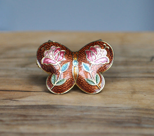Brown Butterfly Floral Enamel Vintage Napkin Ring 1pc - One Brown Butterfly with Floral Detailing Napkin Ring