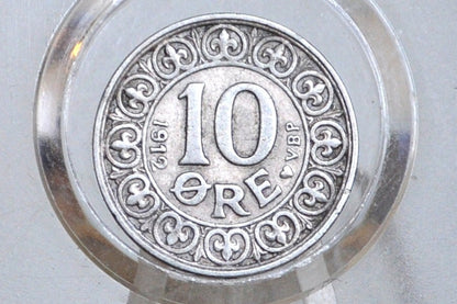 1912 10 Ore Denmark Silver - AU Condition - Frederick VIII - Danmark Ten Ore 1912, Great Coin for a Collection, High Grade -