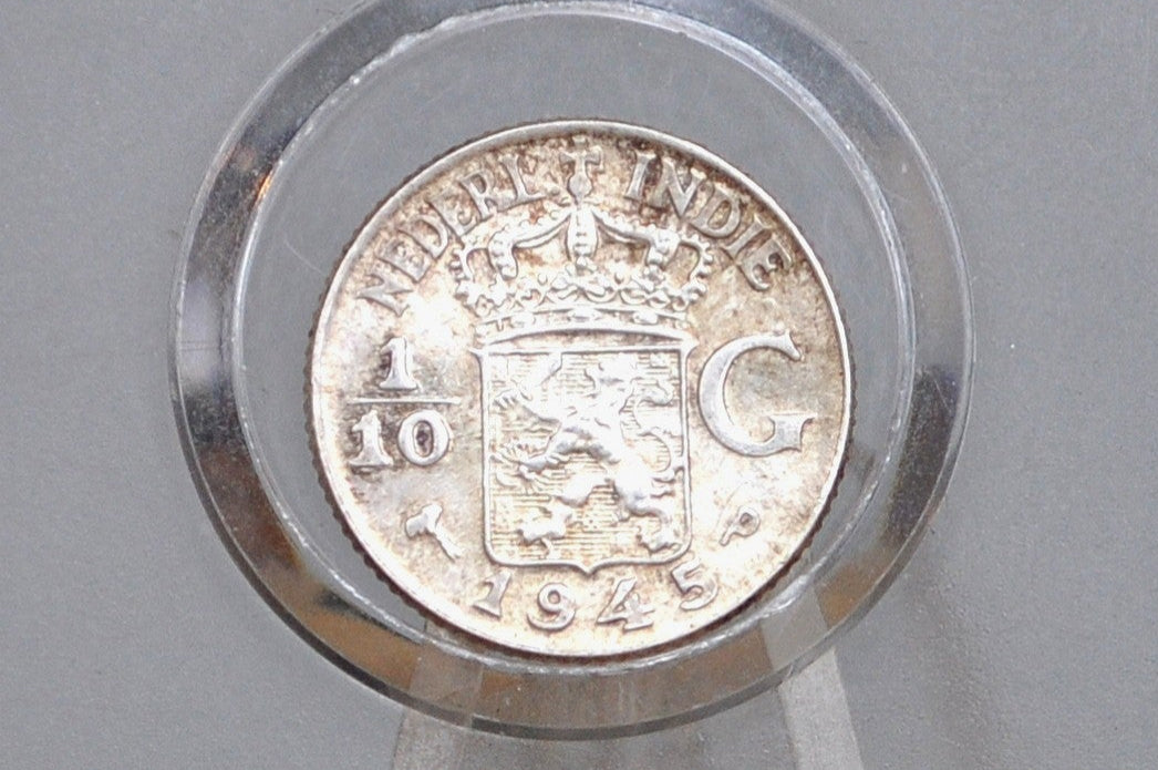 1945 Silver Netherlands East Indies 1/10 Gulden Coin - Gem BU Grade / Condition - Queen Wilhelmina -