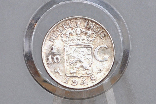1945 Silver Netherlands East Indies 1/10 Gulden Coin - Gem BU Grade / Condition - Queen Wilhelmina -