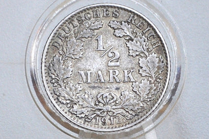 Rare Silver 1912 German 1/2 Mark, J Mint Mark - VF/XF - German Empire Silver One Half Mark 1912, Rare Mint Mark - Beautiful Condition -
