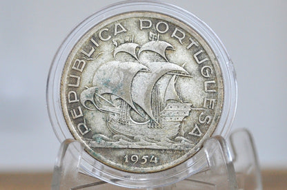 1954 Portuguese Silver 10 Escudos Portugal - Great Condition - Beautiful Design - Republica Portugesa Ten Escudos 1954 -