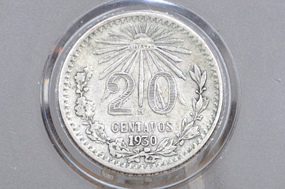 1930 Silver Mexican 20 Centavos - F/VF Condition - Mexico City Mint - Mexican Republic Coins -