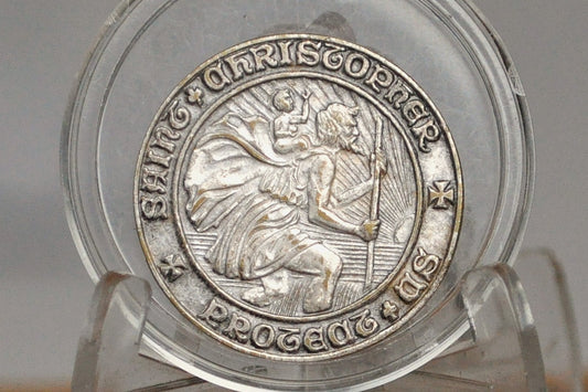 Scarce Celtic Lettering St. Christopher Protect Us Medal - Religious Protection Medal - Bare Back