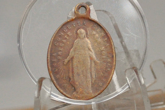 Very Old HMH Religious Miraculous Medal Pendant - Christian Medal - Italian Religious Medal - Sterling Creed