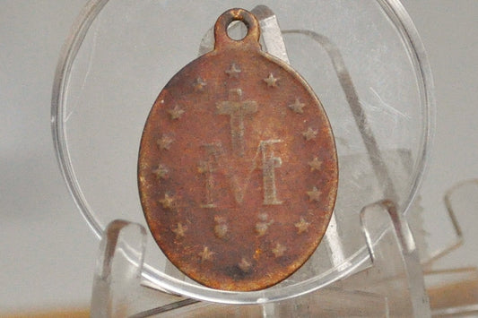 Very Old HMH Religious Miraculous Medal Pendant - Christian Medal - Italian Religious Medal - Sterling Creed