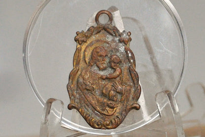 Antique St. Joseph Patron of the Grace of a Happy Death Medal Pendant - Christian Medal - Religious Medal