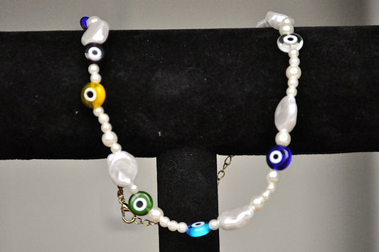 Spiritual Gold tone Clasp Evil Eye Necklace - 18 Inches - Spiritual Protection Charm Necklace - Faux Pearl Beads