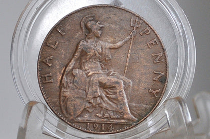 1914 Great Britain Half Penny - XF Condition - UK Large Penny 1914 - King George V 1/2 Penny - Bronze -