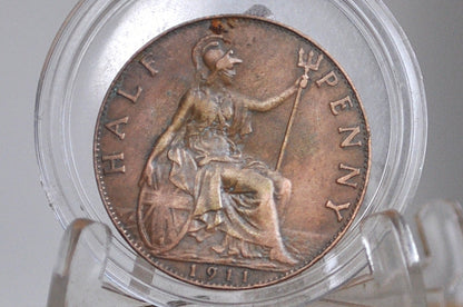 1911 Great Britain Half Penny - AU Condition - UK Large Penny 1911 - King George V 1/2 Penny - Bronze -