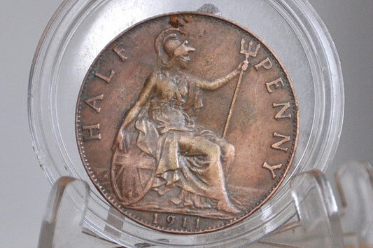 1911 Great Britain Half Penny - AU Condition - UK Large Penny 1911 - King George V 1/2 Penny - Bronze -