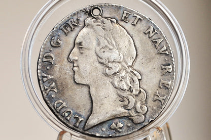 1764 ECU France, Bayonne Mint XF Detail, Holed - Louis XV - French Silver ECU 1764, SIT NOMEN DOMINI BENEDICTUM - 1700s Silver Coin