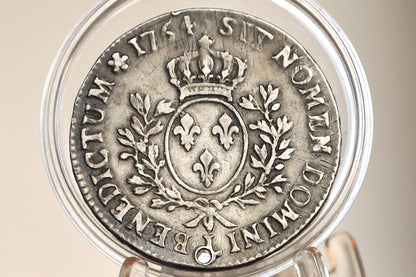 1764 ECU France, Bayonne Mint XF Detail, Holed - Louis XV - French Silver ECU 1764, SIT NOMEN DOMINI BENEDICTUM - 1700s Silver Coin