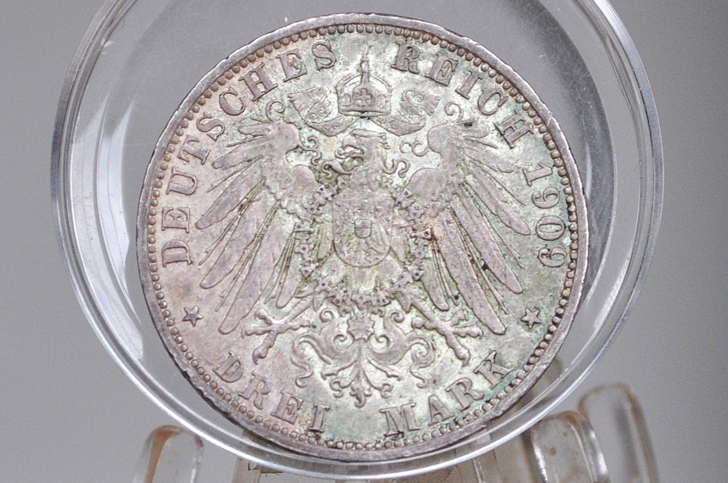 Rarer 1909G Silver German States Baden 3 Mark - Uncirculated Condition - Only 760,000 Minted - Prussia 3 Mark 1909 Frederick II -