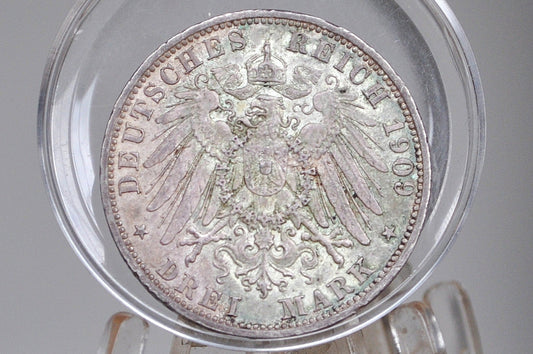 Rarer 1909G Silver German States Baden 3 Mark - Uncirculated Condition - Only 760,000 Minted - Prussia 3 Mark 1909 Frederick II -
