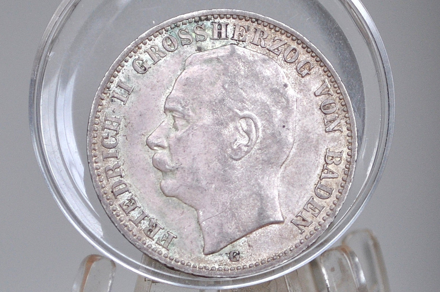 Rarer 1909G Silver German States Baden 3 Mark - Uncirculated Condition - Only 760,000 Minted - Prussia 3 Mark 1909 Frederick II -