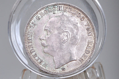 Rarer 1909G Silver German States Baden 3 Mark - Uncirculated Condition - Only 760,000 Minted - Prussia 3 Mark 1909 Frederick II -