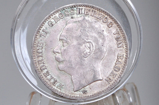 Rarer 1909G Silver German States Baden 3 Mark - Uncirculated Condition - Only 760,000 Minted - Prussia 3 Mark 1909 Frederick II -