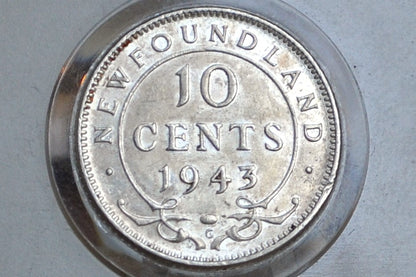 Rare Silver 1943 Newfoundland 10 Cent - BU (Uncirculated) - Rare Coin, Only 104,706 Minted - Ten Cents Newfoundland 1943