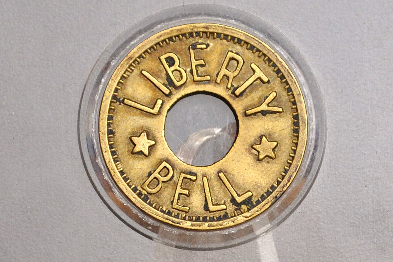 Antique Liberty Bell Brass Coin Slot Token - Good For Token - First Ever Slot Machine Token