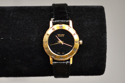 Shining Stainless Steel Gold Tone Sharp Quartz Watch - Black Genuine Leather Watch - Working!