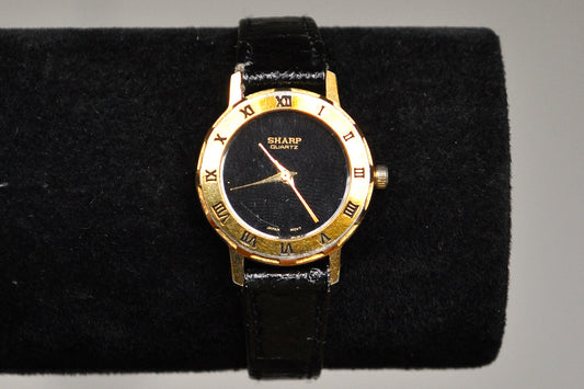 Shining Stainless Steel Gold Tone Sharp Quartz Watch - Black Genuine Leather Watch - Working!