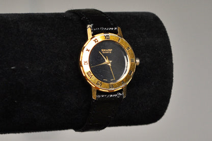Shining Stainless Steel Gold Tone Sharp Quartz Watch - Black Genuine Leather Watch - Working!