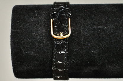 Shining Stainless Steel Gold Tone Sharp Quartz Watch - Black Genuine Leather Watch - Working!