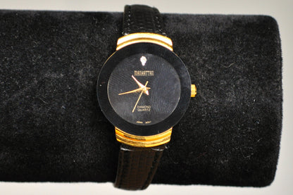 Sleek Stainless Steel Gold Tone Manhattan Diamond Quartz Analog Watch - Black Genuine Leather Watch - Working!