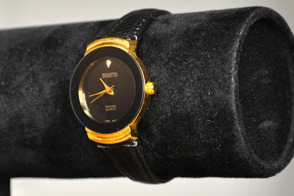 Sleek Stainless Steel Gold Tone Manhattan Diamond Quartz Analog Watch - Black Genuine Leather Watch - Working!