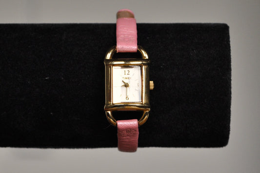 Beautiful Gold Tone Timex Analog Watch - Pink Floral Genuine Leather Watch - Working!