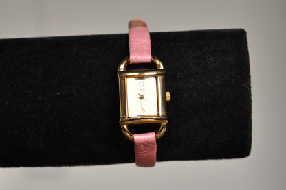Beautiful Gold Tone Timex Analog Watch - Pink Floral Genuine Leather Watch - Working!